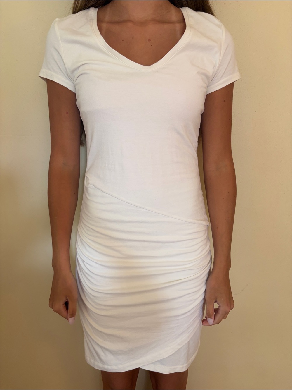 Athleta White Short Sleeve Ruched V-Neck Mini Dress Small Tall